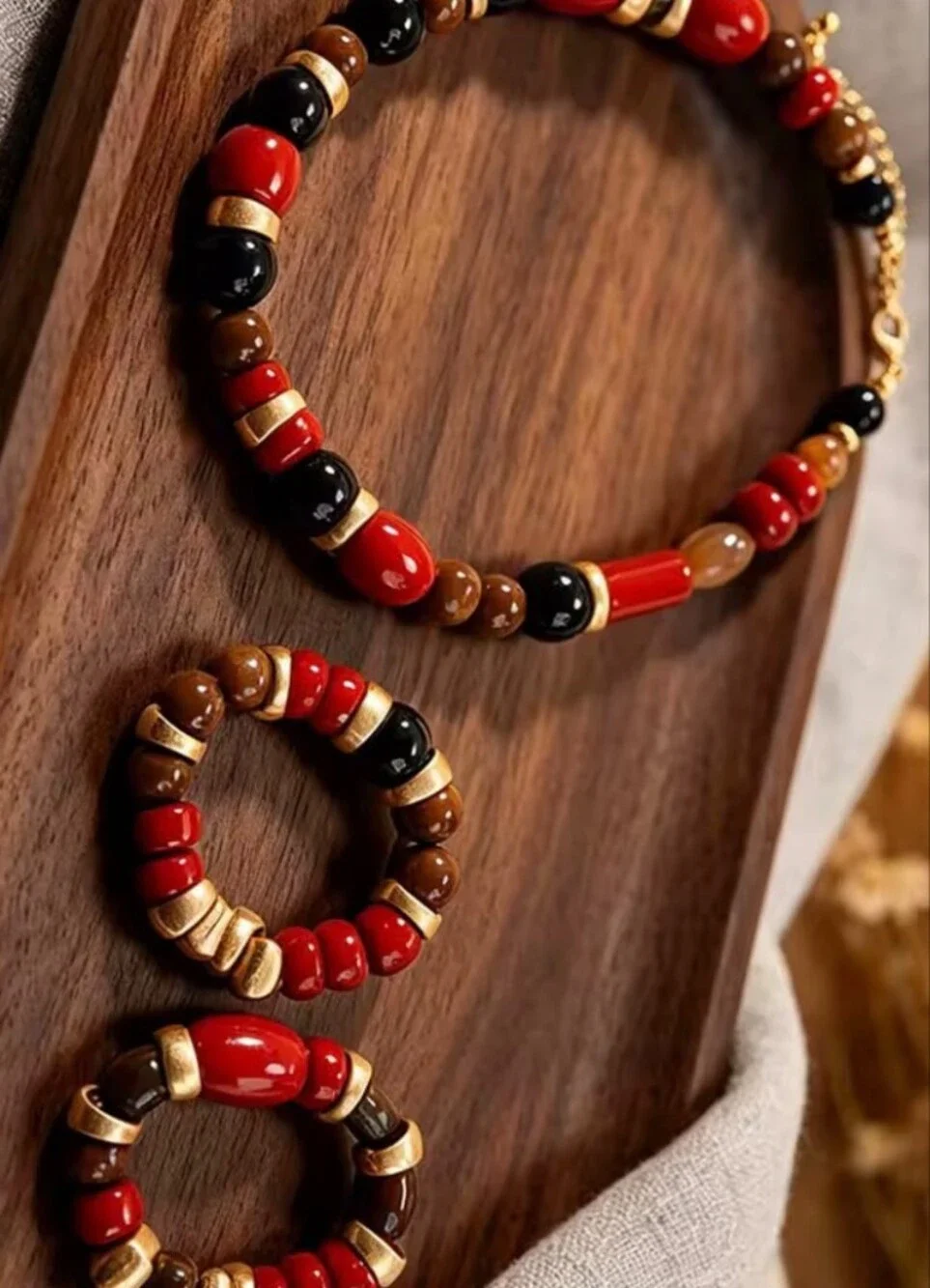Handcrafted Red, Black & Gold Bead Necklace and Bracelet Set